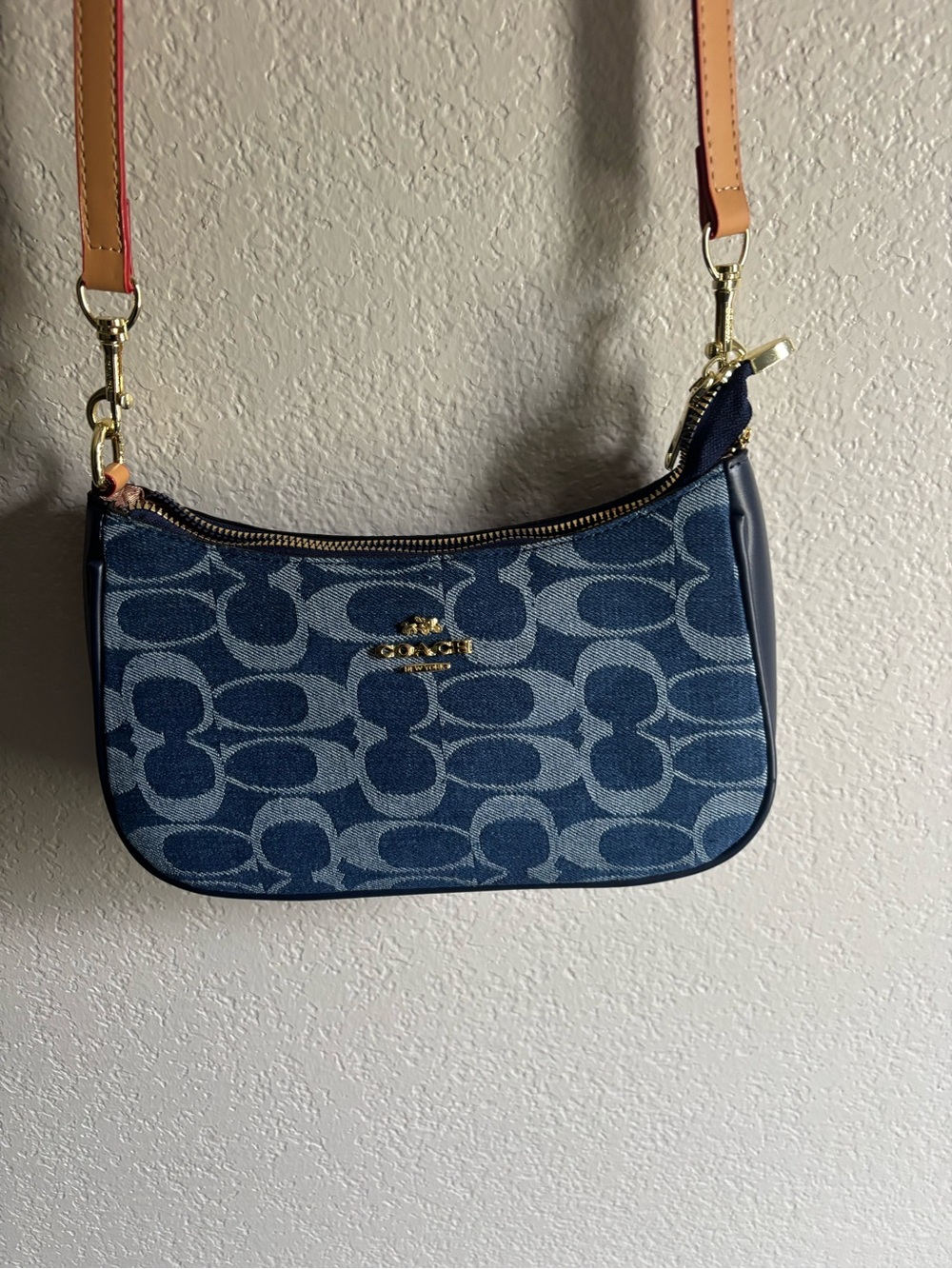 Coach Navy Signature Denim Crossbody with Tan Strap